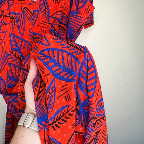 Alexis x Target Tropical Leaf Tie Shoulder Red Blue Handkerchief Midi Dress XS - Picture 7 of 16